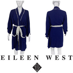 Eileen West Sz L/XL Royal Blue Polka Dot Kimono Style Robe Dressing Gown Belted